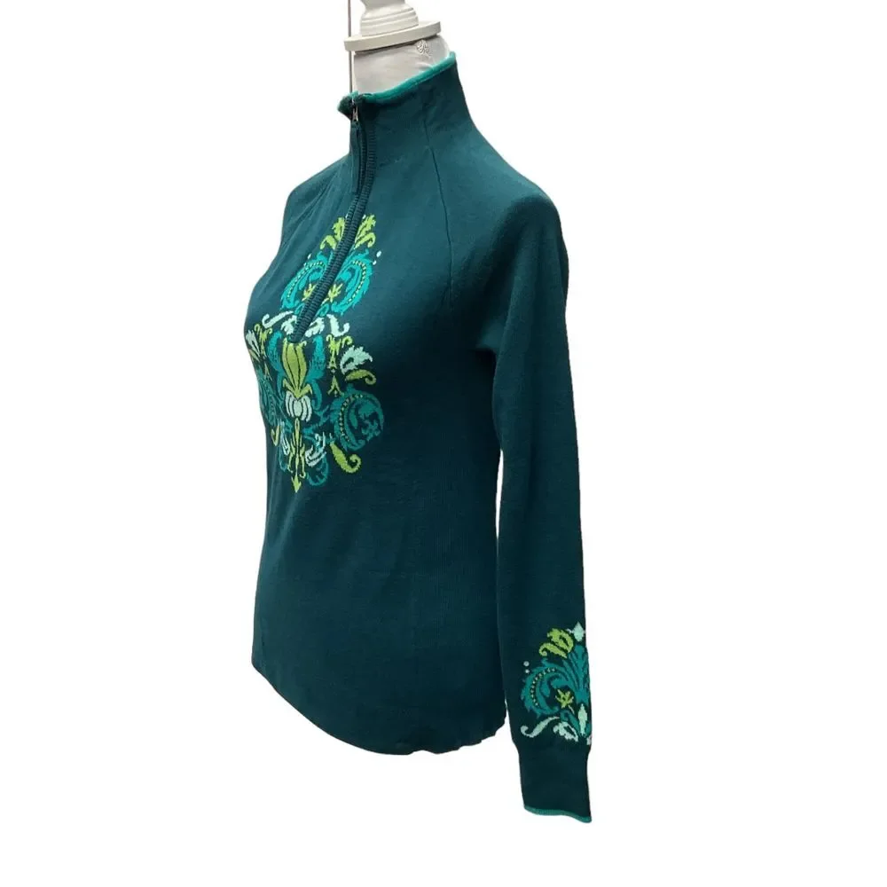 Athleta 1/4 Zip Floral‎ Knit Pullover Sweater Blue Green Thumbholes Size S Cozy
